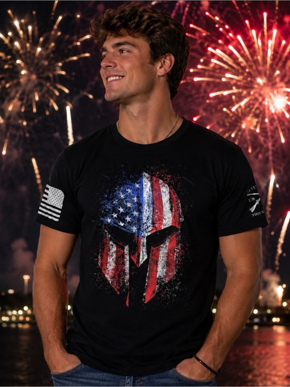 Grunt Style Black Tee with Red, White & Blue Spartan Helmet